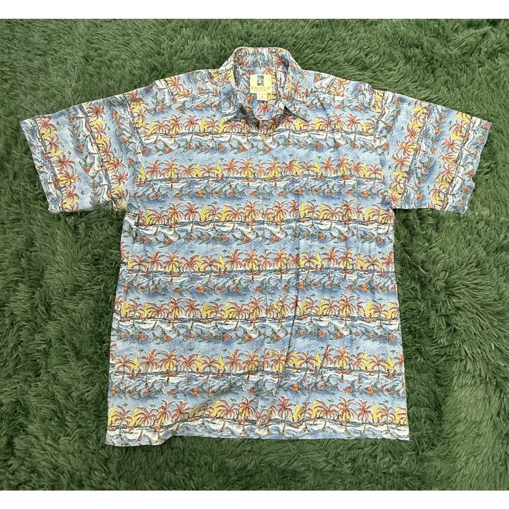 KAHALA Hawaiian Islands Men's Medium M Tropical Fish Palm Tree Button Shirt